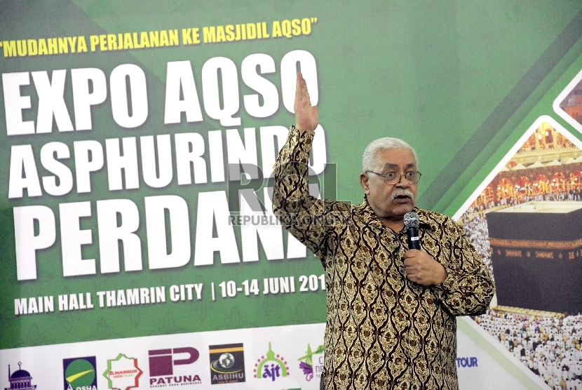 Duta Besar Palestina untuk Indonesia Fariz Mehdawi memberikan sambutan dalam pembukaan acara Expo Aqso Asphurindo perdana di Thamrin City, Jakarta,Rabu (10/6). (Republika/Prayogi).