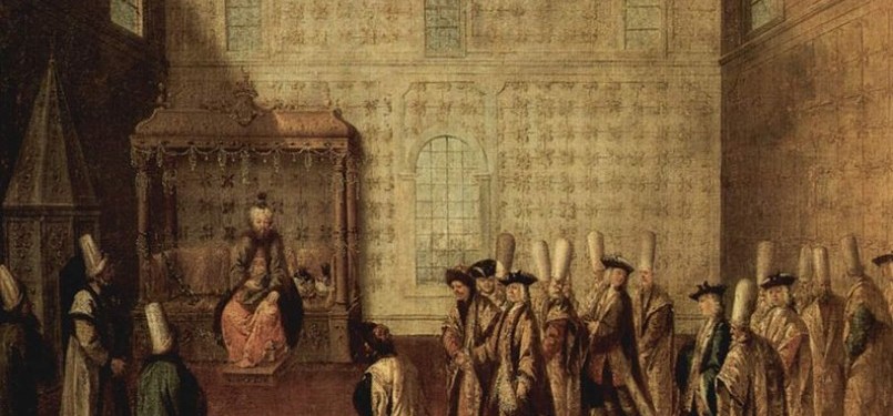  Duta Besar Prancis, Jean-Baptiste van Mour, ketika menghadap sultan Ahmad III (ilustrasi).