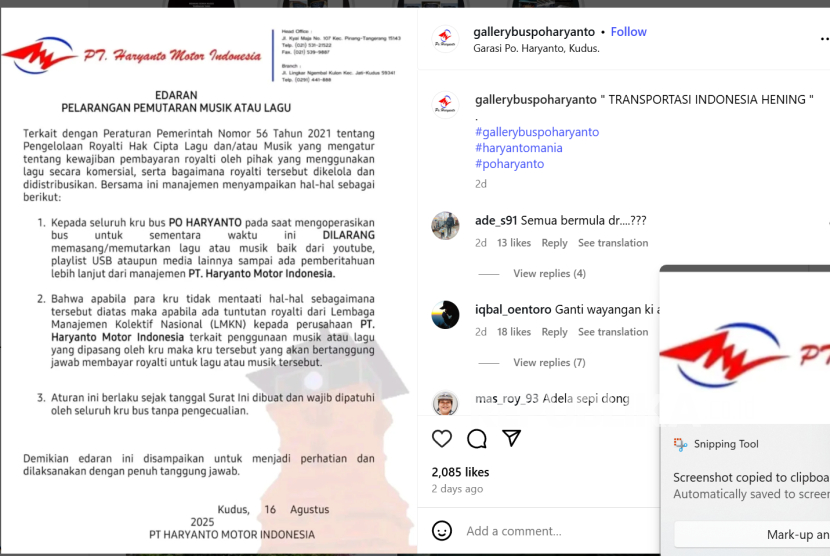 Edarran PO Bus Haryanto terkait penghentian sementara pemutran musik dan tv. 