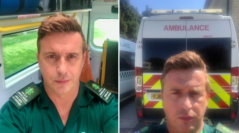 Eks personel boyband 911 Jimmy Constable mengenakan seragam petugas kesehatan setelah mengajukan diri sebagai tenaga temporer sopir ambulans di Inggris, di tengah pandemi Covid-19.