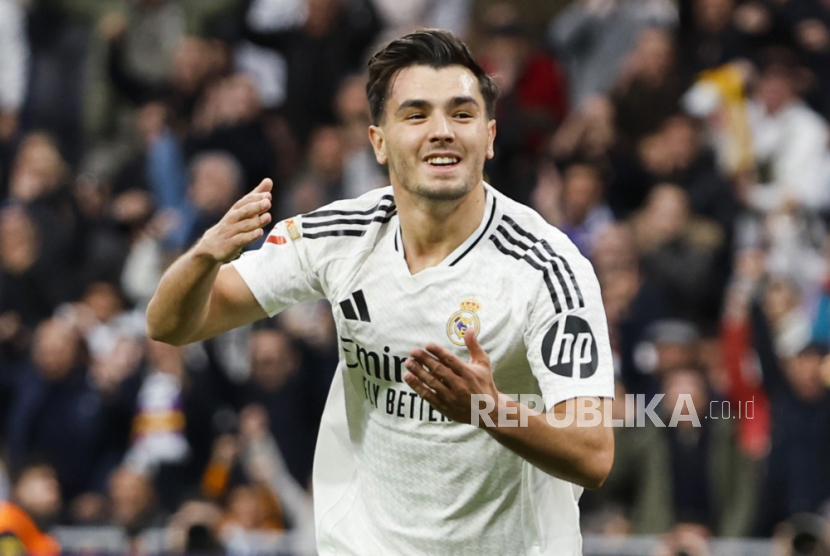 Ekspresi gelandang serang Real Madrid Brahim Diaz selepas mencetak gol ke gawang Las Palmas dalam pertandingan La Liga Spanyol.