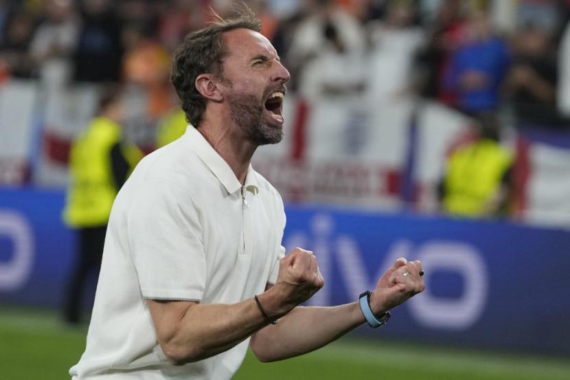 Ekspresi kebahagiaan pelatih Inggris Gareth Southgate setelah timnya mengalahkan Belanda 2-1 untuk lolos ke final Euro 2024.