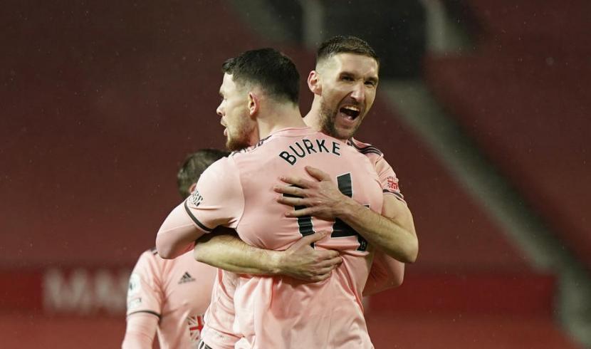 Ekspresi kegembiraan pemain Sheffield United setelah mengalahkan Manchester United di Liga Primer Inggris.