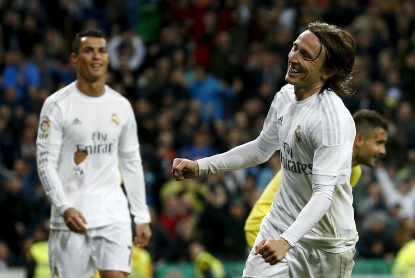 Ekspresi Luka Modric usai mencetak gol ke gawang Villarreal.