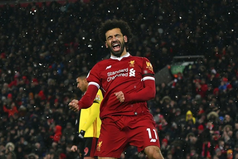 Ekspresi Mohamed Salah usai mencetak gol ke gawang Watford.
