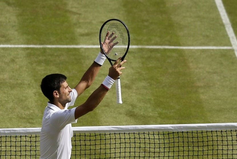 Ekspresi Novak Djokovic setelah mengalahkan Roberto Bautista Agut dan lolos ke final Wimbledon 2019.