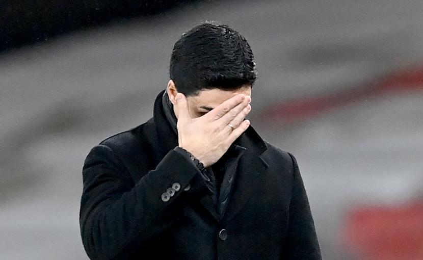 Ekspresi Pelatih Arsenal, Mikel Arteta saat the Gunners ditahan imbang, Crystal Palace.