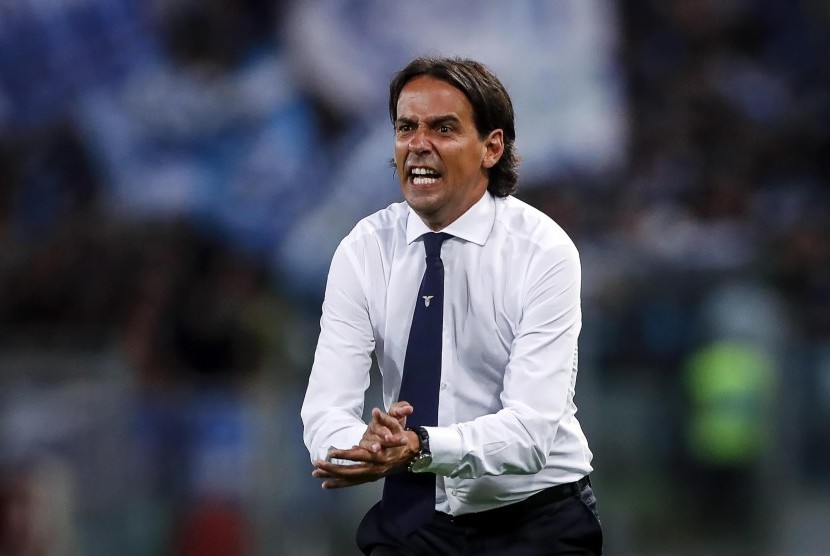 Ekspresi pelatih Lazio, Simone Inzaghi pada laga Serie A lawan SPAL di Stadion Olimpico, Roma, Senin (21/8) dini hari WIB.