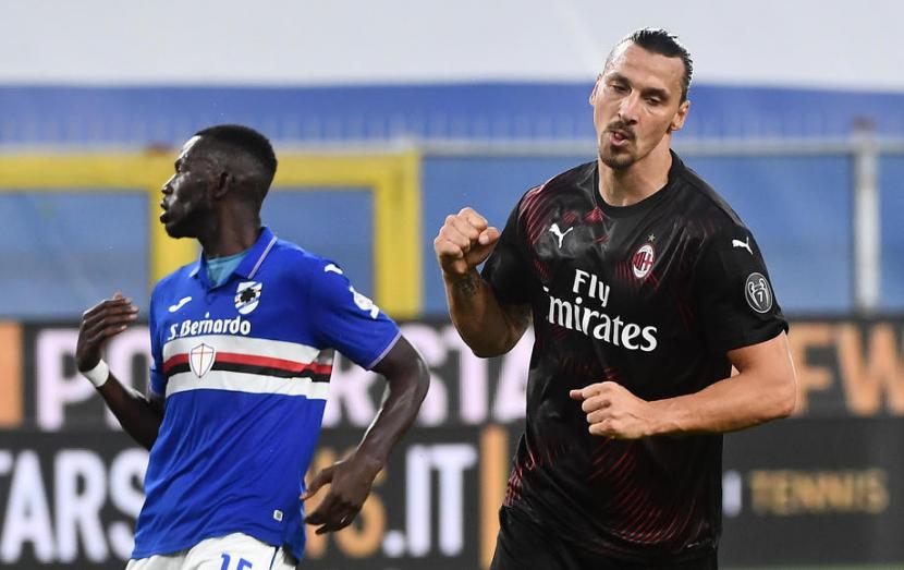 Ekspresi penyerang AC Milan Zlatan Ibrahimovic setelah menjebol gawang Sampdoria.