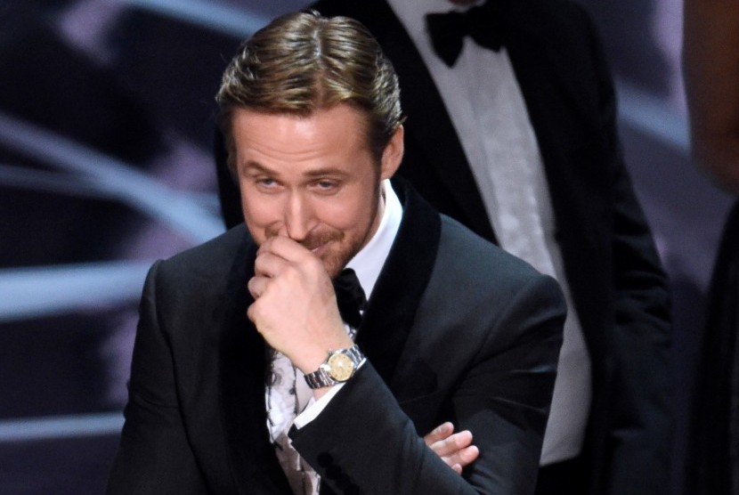 Ekspresi Ryan Gosling, pemeran di La La Land, saat panitia Oscar salah mengumumkan film terbaik di panggung Oscar tahun ini.
