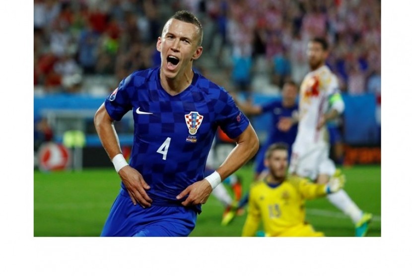 Ekspresi winger Kroasia Ivan Perisic seusai menciptakan gol kemenangan timnya atas Spanyol.