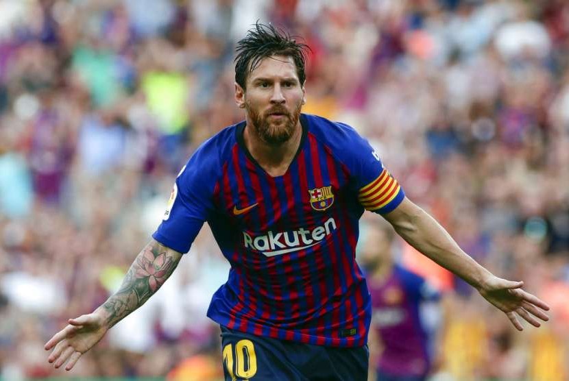 elebrasi gol Lionel Messi ke gawang Huesca. 