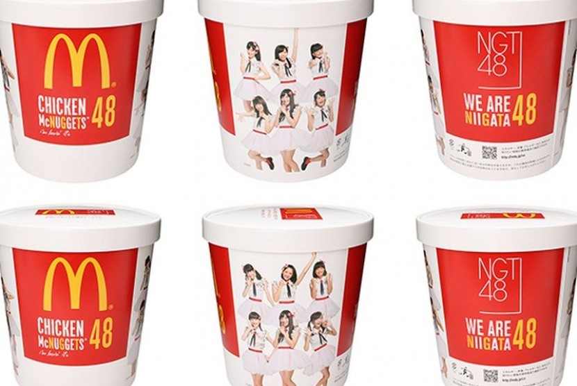 Ember penjualan McDonald's berisi McNugget yang dihiasi gambar NGT48.