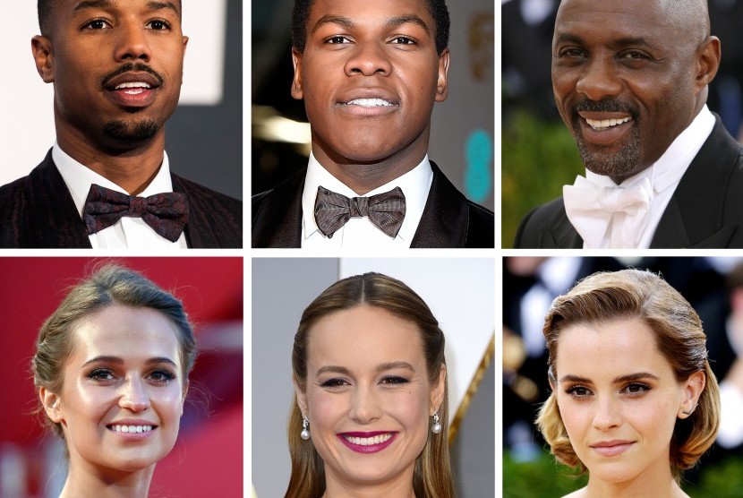 Enam seniman yang menjadi anggota baru Academy of Motion Picture Arts and Sciences yakni (kiri ke kanan) Michael B. Jordan, John Boyega, dan Idris Elba. Bawah (kiri ke kanan) Alicia Vikander, Brie Larson, dan Emma Watson. 