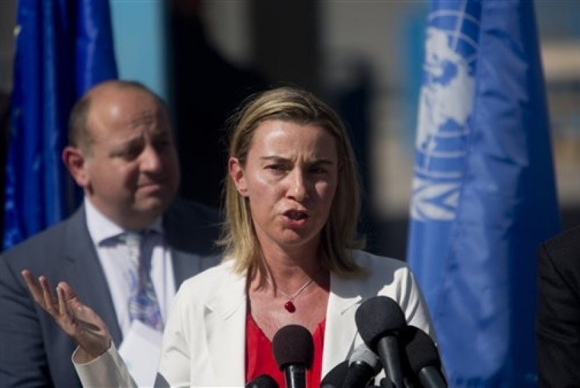 European Union foreign policy chief Federica Mogherini holds a press conference during her visit to a UN school in Gaza City, Saturday, Nov. 8, 2014.