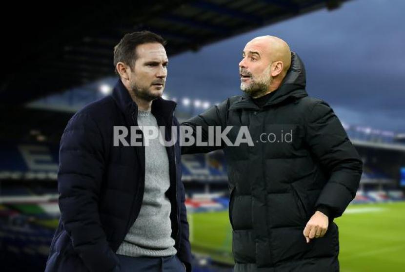 Pelatih Everton Frank Lampard Vs pelatih Manchester City Pep Guardiola (kanan).