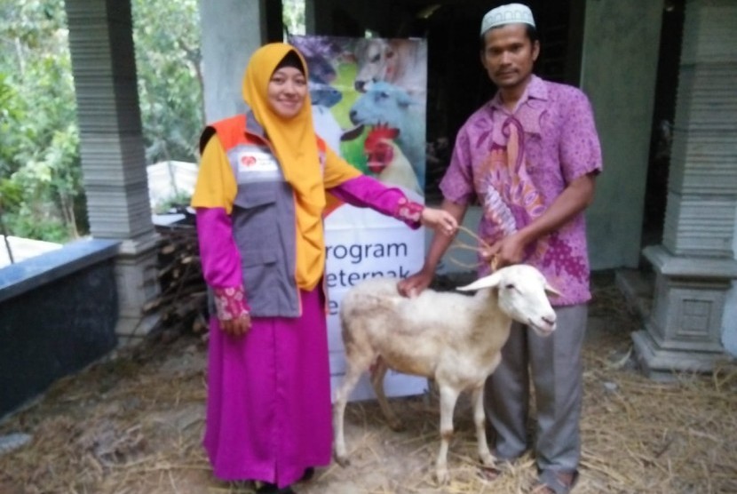 Fasilitator desa berdaya Rumah Zakat memberikan anakan kambing untuk 5 orang warga binaan di Desa Berdaya Sawangan, Depok. 