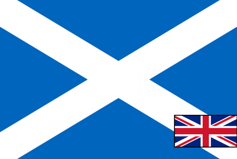 Flag of Scotland in white and blue is compared with Flag of United Kingdom (bottom right) 