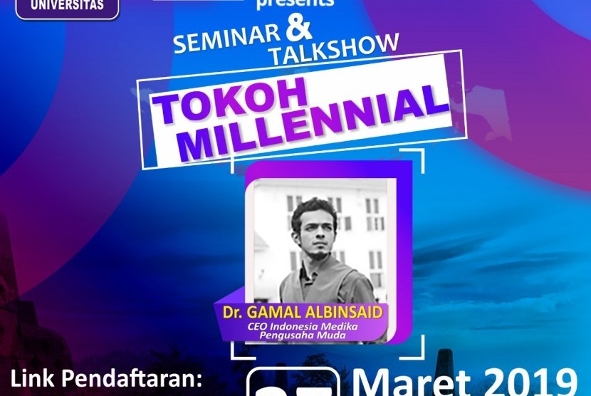 Flayer pra event acara Seminar dan Talk Show Tokoh Milenial STMIK Nusa Mandiri  yang akan dihadiri oleh dr Gamal Albinsaid.