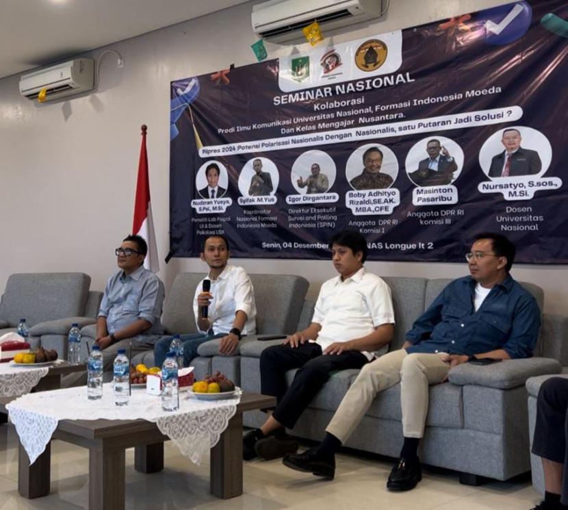 Formasi Indonesia Moeda menggelar diskusi bertajuk Potensi Polarisasi Antara Kelompok Nasionalis Vs Nasionalis, Satu Putaran Jadi Solusi? di Longue Room, Universitas Nasional (UNAS), Senin (4/12/2023).
