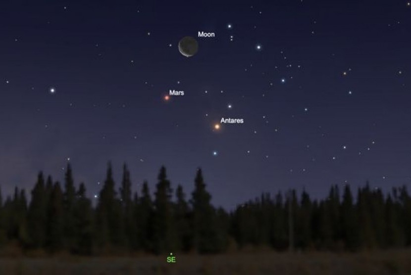 Formasi segitiga bulan sabit, Mars dan Antares ini dapat terlihat sebelum fajar. 