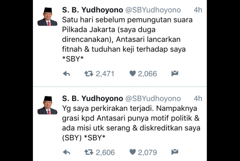 Former President Susilo Bambang Yudhoyono shared his thought on the allegation made by former head of Corruption Eradication Commission Antasari Azhar via his personal Twitter account on Tuesday.