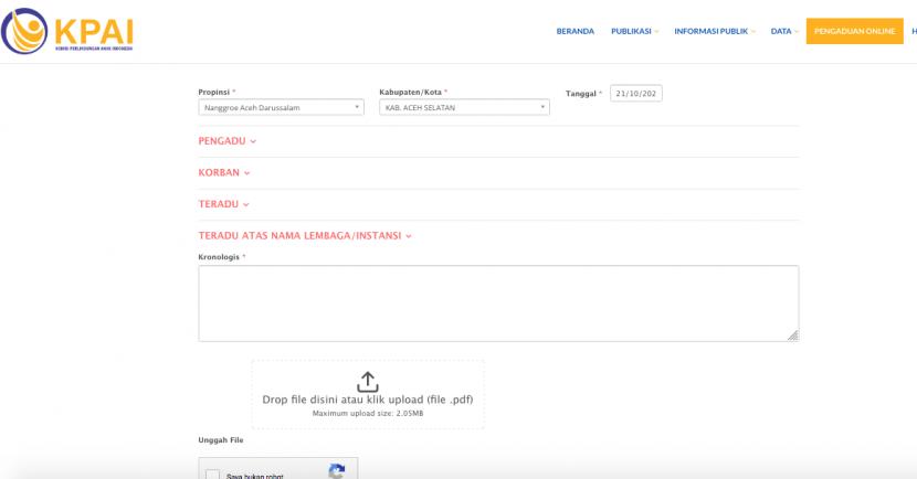 Formulir pengaduan online KPAI. Data pengaduan online KPAI tampak beredar di forum gelap.
