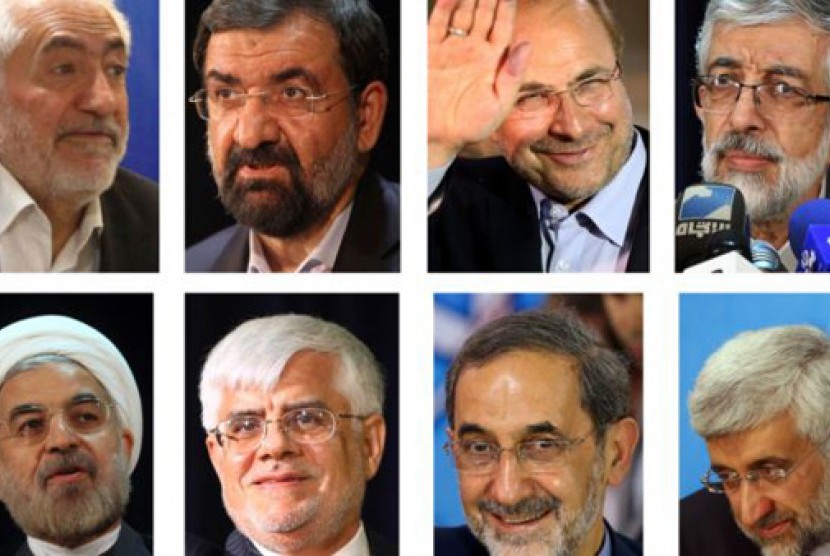 Foto 8 calon presiden Iran dalam Pemilu Iran 14 Juni (searah jarum jam dari kiri) Mohammad Gharazi, Mohsen Rezaei, Mohammad Bagher Qalibaf, Gholam Ali Haddad Adel, Hasan Rowhani, Mohammad Reza Aref, Ali Akbar