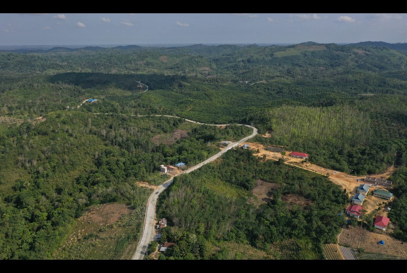 Foto aerial kawasan Kecamatan Sepaku, Penajam Paser Utara, Kalimantan Timur, Rabu (28/8/2019). 
