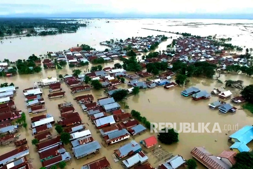 Areal  banjir yang terjadi di Kecamatan Tempe, Kabupaten Wajo, Sulawesi Selatan.