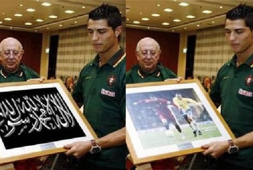 Foto Cristiano Ronaldo sedang memegang bingkai yang berisi gambar bertuliskan dua kalimat syahadat (kiri), dan foto asli Ronaldo sedang memegang gambar dirinya saat membela Timnas Portugal (kanan).