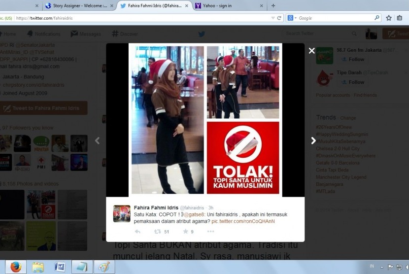 foto di twitter yang menolak penggunaan topi santa bagi kaum muslimah