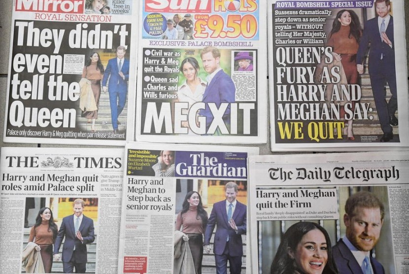 Foto headline surat kabar Inggris pada Kamis (9/1) usai pengumuman pengunduran diri Pangeran Harry dan Meghan Markle dari anggota senior kerajaan Inggris.Harry dan Meghan sudah berbulan-bulan melakukan refleksi dan diskusi internal. Ilustrasi.