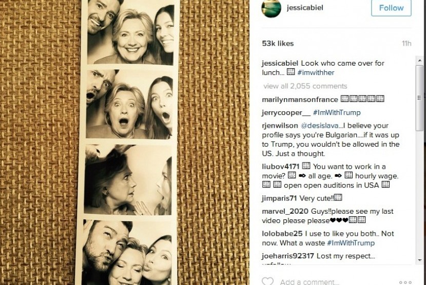 Foto Hillary Clinton bersama Justin Timberlake dan Jessica Biel.