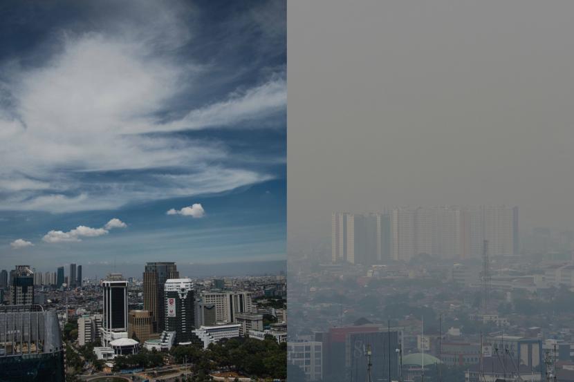 Foto kiri kondisi langit Jakarta pada tanggal 12 Desember 2020, foto kanan kondisi langit Jakarta dilihat dari Gedung Perpustakaan Nasional, Senin (14/8/2023). 