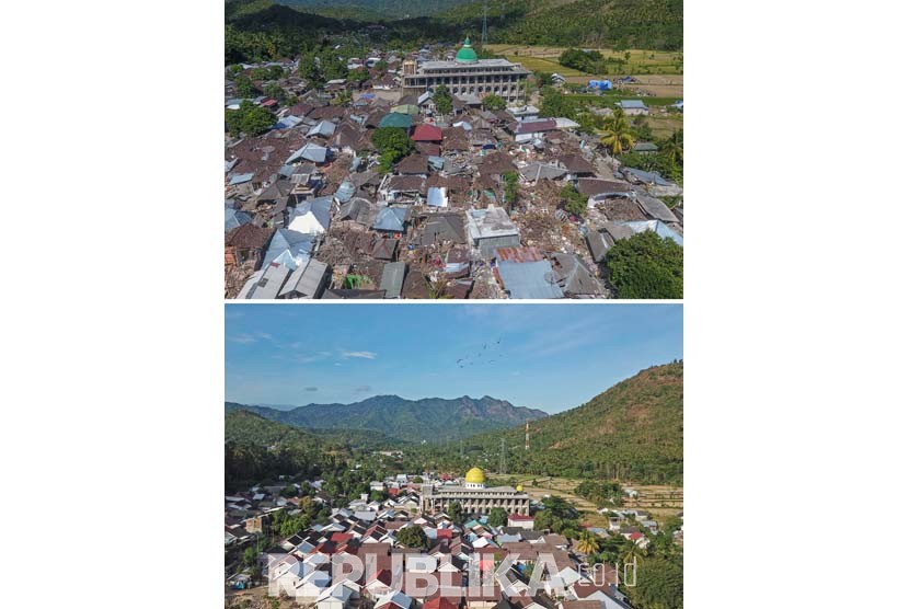 92 KK Korban Gempa Lombok Belum Dapat Bantuan Rumah. Foto kolase rumah warga yang rusak pascagempa 7 Agustus 2018 (atas) dan suasana dua tahun setelah bencana gempa (bawah) di Desa Bentek, Kecamatan Pemenang, Tanjung, Lombok Utara, NTB, Rabu (5/8/2020). Menurut data BNPB bencana gempa bumi berkekuatan 7 SR yang mengguncang Lombok pada 5 Agustus 2018 mengakibatkan 564 orang dinyatakan meninggal dunia yang sebagian besar atau 467 orang merupakan warga Kabupaten Lombok Utara yang lokasinya tak jauh dari pusat gempa dan sisanya tersebar di Lombok Barat, Lombok Timur, Lombok Tengah, Mataram, Sumbawa dan Sumbawa Barat.