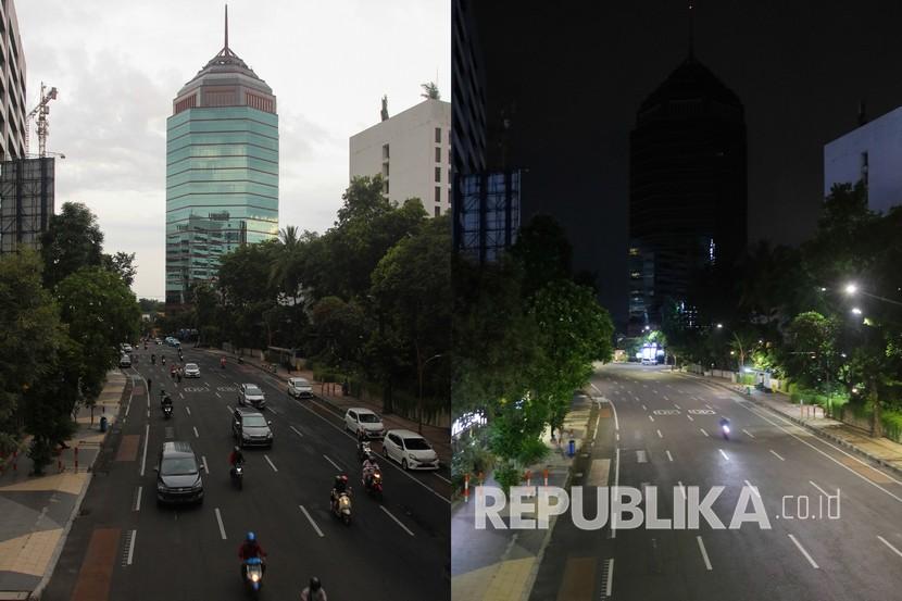 Foto kolase suasana Jalan Basuki Rahmat, Surabaya waktu siang hari (kiri) dan malam hari (kanan) saat hari ketujuh pelaksanaan Pembatasan Sosial Berskala Besar (PSBB) di Surabaya, Jawa Timur, Senin (4/5/2020). Aktifitas kendaraan bermotor yang melintas waktu malam terpantau sepi seiring diberlakukannya pembatasan aktivitas malam hari saat PSBB.