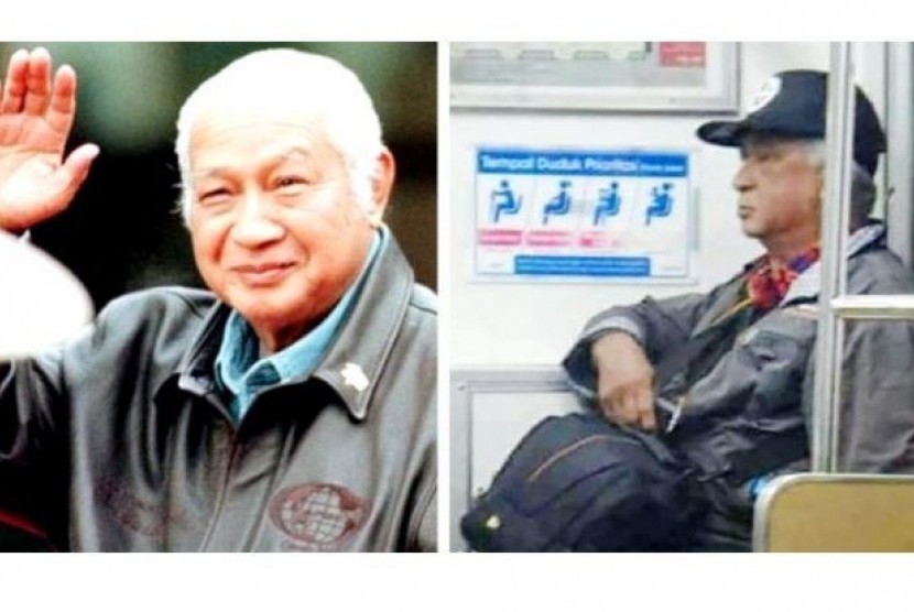 Foto mantan Presiden Soeharto (kiri) dan orang yang mirip dengan Soeharto di kereta komuter Jabodetabek yang menghebohkan media sosial