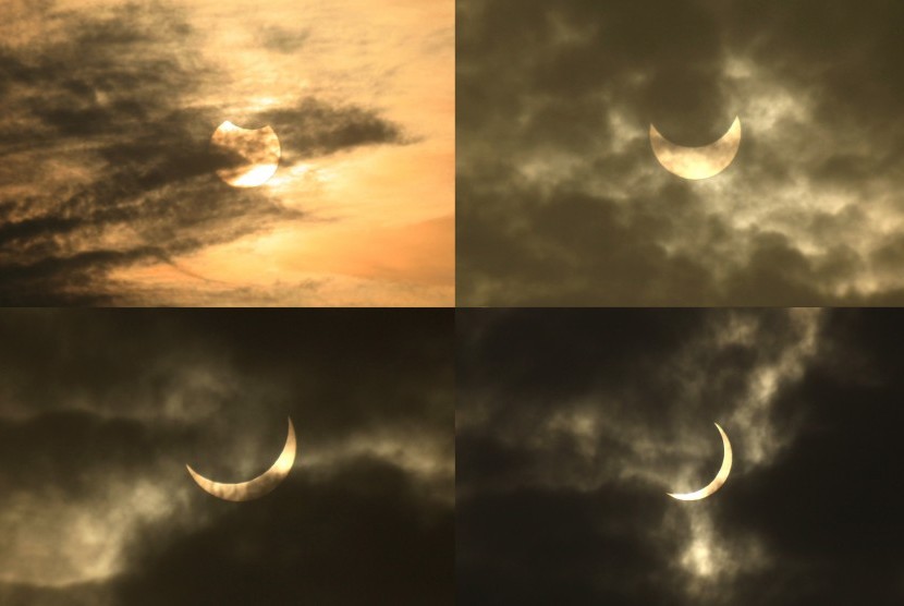 Foto rangkaian proses gerhana matahari di Indramayu, Jawa Barat (ilustrasi)