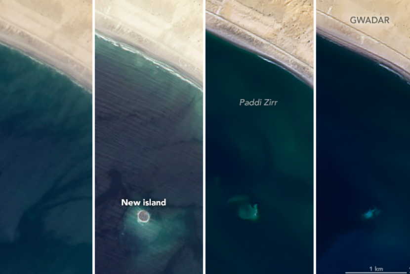 Foto satelit yang menunjukkan pulau Zalzala Koh atau gunung gempa sebelum muncul, ketika ada, dan setelah menghilang di Pakistan. Pulau tersebut muncul akibat gempa.