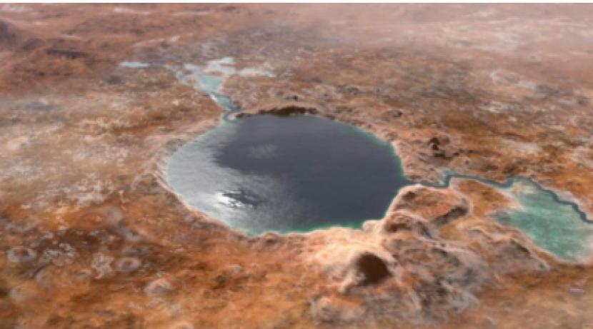 Foto simulasi Kawah Jazero yang terisi air pada 3,7 miliar tahun lalu.