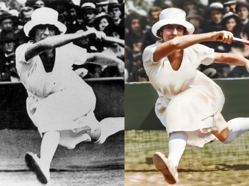 Foto Suzanne Lenglen, pemain tenis legendaris Prancis dan juara Olimpiade sebelum dan setelah restorasi.