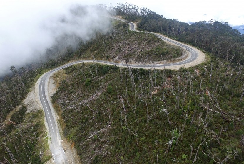 Foto udara Jalur Trans Papua (ilustrasi). Satgas Covid-19 mengantisipasi peningkatan kasus Covid-19 melalui lalu lintas kendaraan di Trans Papua.