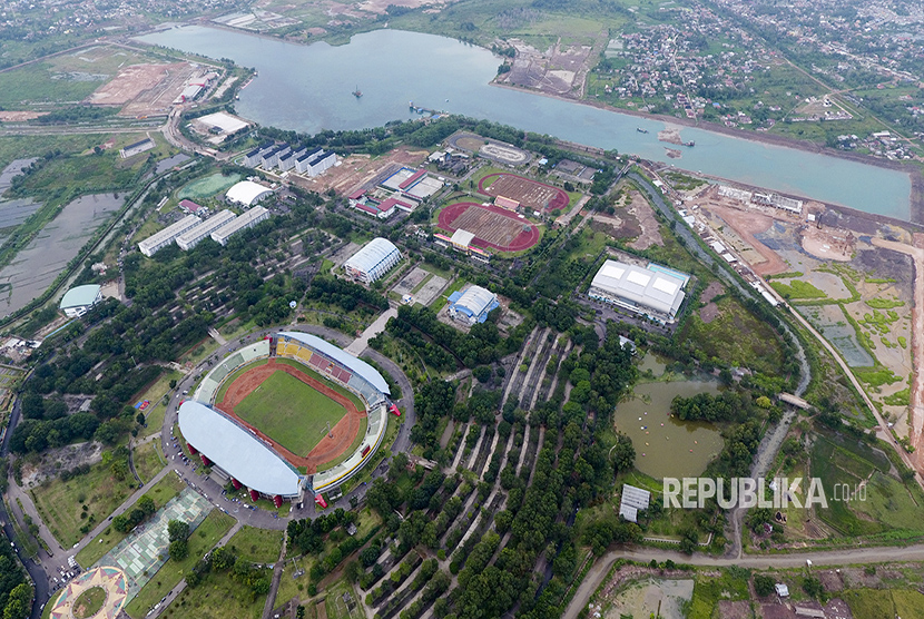 Foto udara kompleks Jakabaring Sport City (JSC), Palembang, Sumatra Selatan.