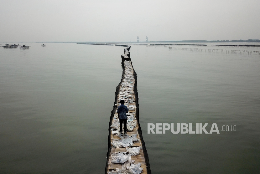 Foto udara pagar laut terlihat di perairan Kampung Pulau Cangkir, Kronjo, Kabupaten Tangerang, Banten, Jumat (10/1/2024).