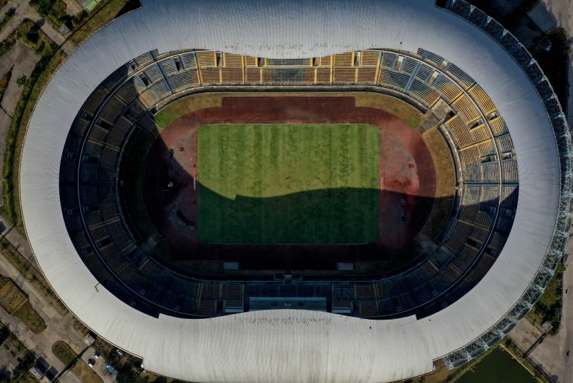 Foto udara Stadion Gelora Bandung Lautan Api (GBLA) di Gedebage, Bandung, Jawa Barat, Rabu (17/7/2019). 