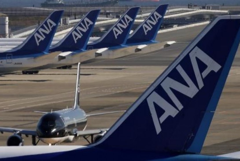 Four All Nippon Airways' (ANA) Boeing Co's 787 Dreamliner planes (top) are seen behind another ANA plane at Haneda airport in Tokyo January 29, 2013.