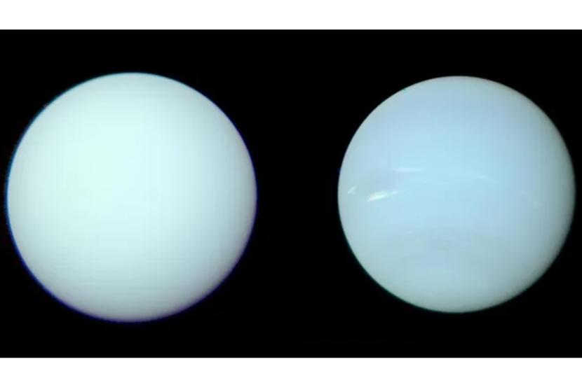 Gambar berwarna asli menunjukkan perkiraan warna sebenarnya dari dua planet tata surya. Uranus di sebelah kiri sedangkan Neptunus di sebelah kanan.