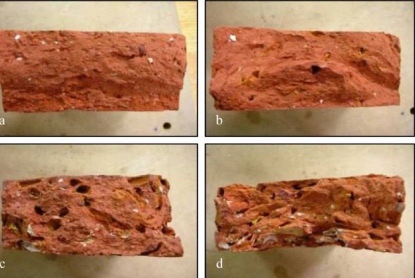 Gambar empat batu bata dengan komposisi puntung rokok yang berbeda (a) nol persen (b) 2,5 persen (c) lima persen dan (d) 10 persen.
