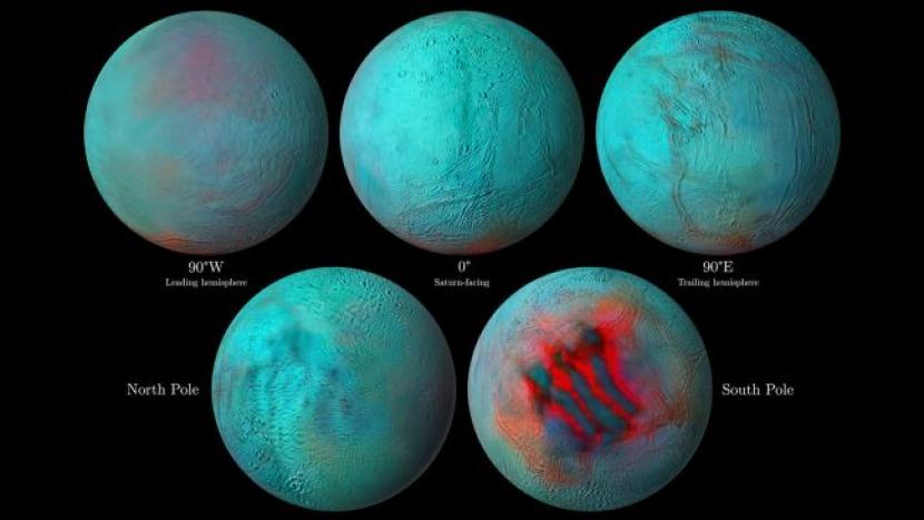 Gambar menunjukkan bahwa belahan bagian utara Enceladus muncul kembali dengan es. Cassini menampilkan lebih dari 100 geyser yang meledakkan air sedingin es ke luar angkasa. 